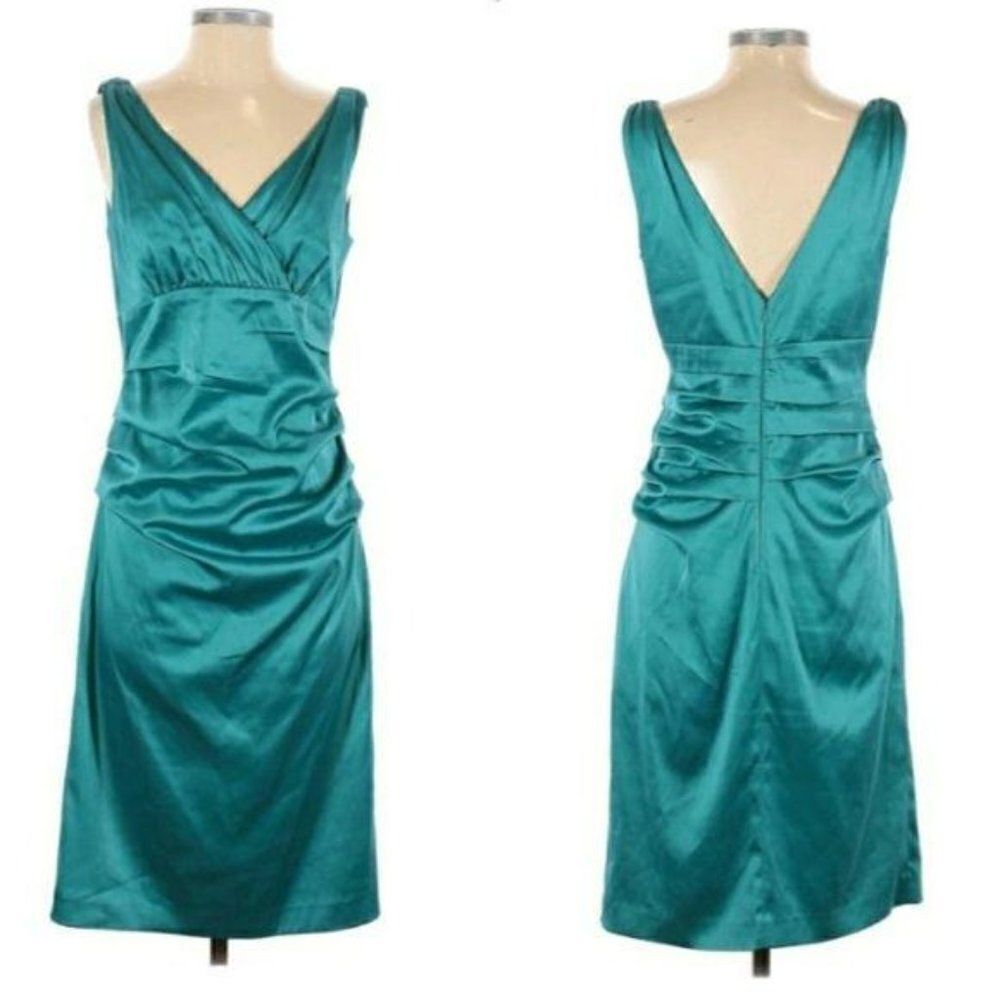 Suzi Chin Dress Y2K Cocktail Ruched Draped Surplice‎ Satin Slip Teal